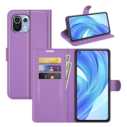 Xiaomi Mi 11 Lite flip protective wallet case, purple with card slots and stand
