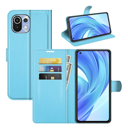 Blue litchi-texture flip phone case with card slots and stand for Xiaomi Mi 11 Lite