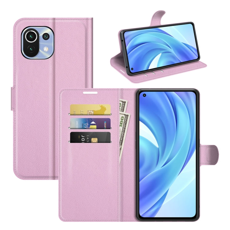 Pink flip phone case with card slots and stand, litchi texture for Xiaomi Mi 11 Lite