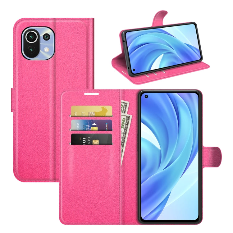 Magenta litchi-texture flip phone case with card slots and stand for Xiaomi Mi 11 Lite