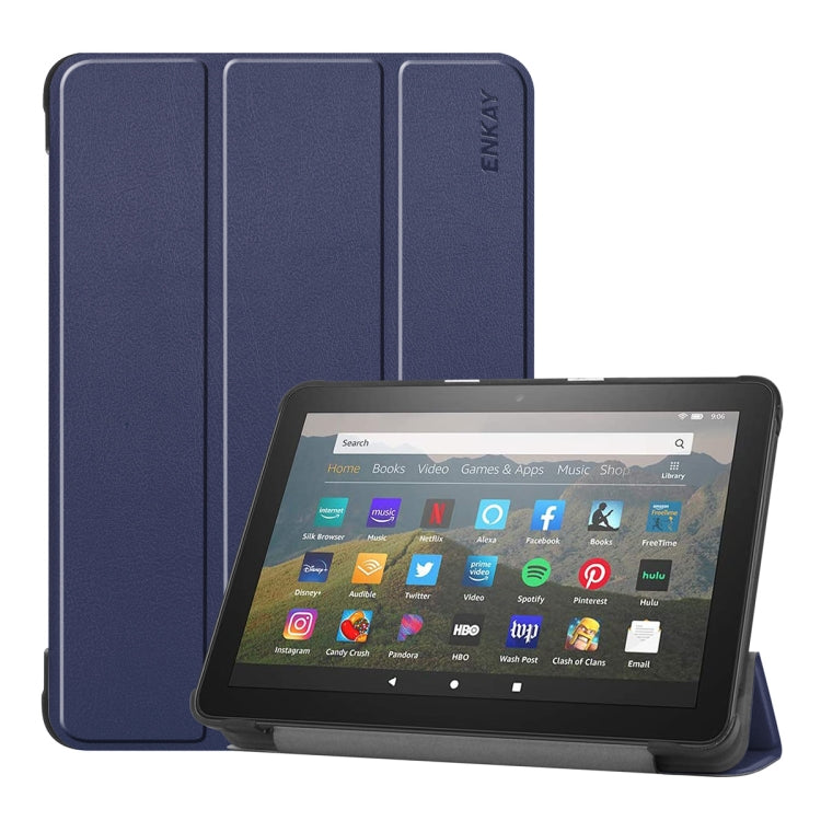 ENKAY PU leather flip case with three-fold holder for Fire HD 8/8 Plus, dark blue