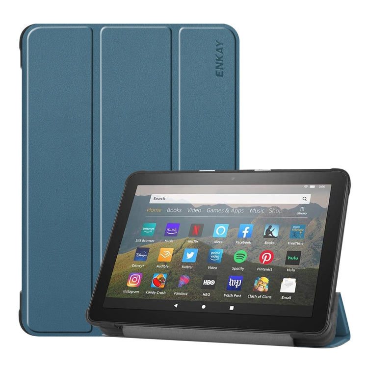 ENKAY PU leather flip case with three-fold holder for Fire HD 8/8 Plus, dark green