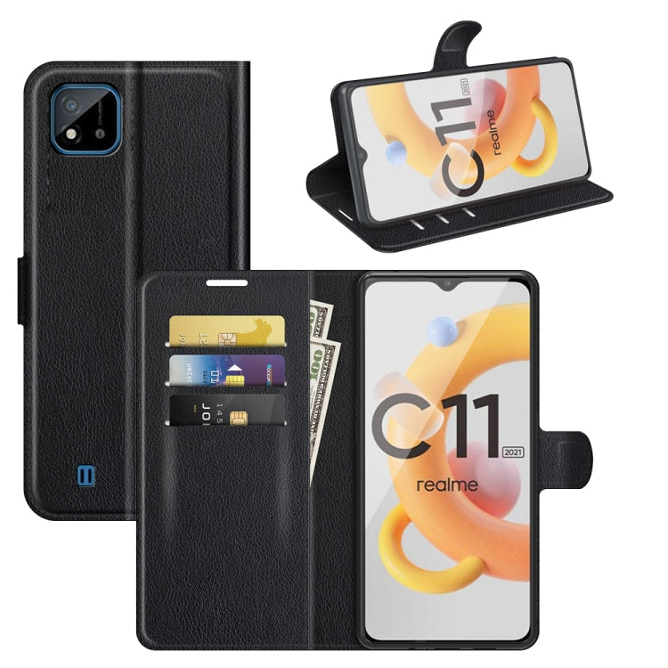 Black litchi-texture flip wallet case with card slots and stand for phone