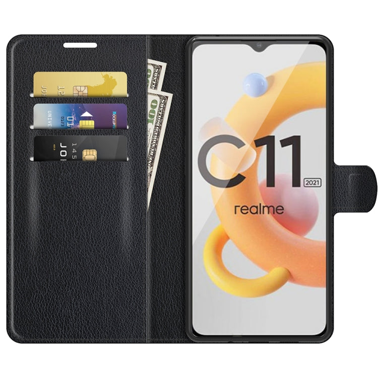 Black litchi-texture flip phone case with card slots and front viewing cover