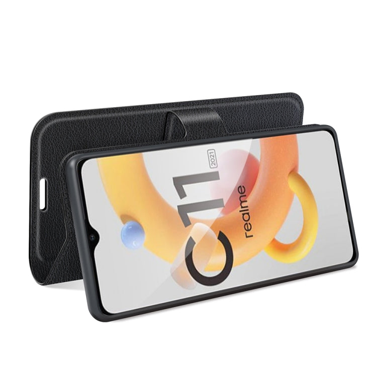 Black litchi-texture flip wallet case with card slots and magnetic-style closure