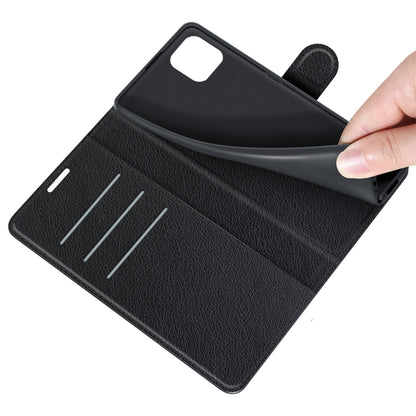 Black litchi-texture folio wallet case open with card slots and hand grip