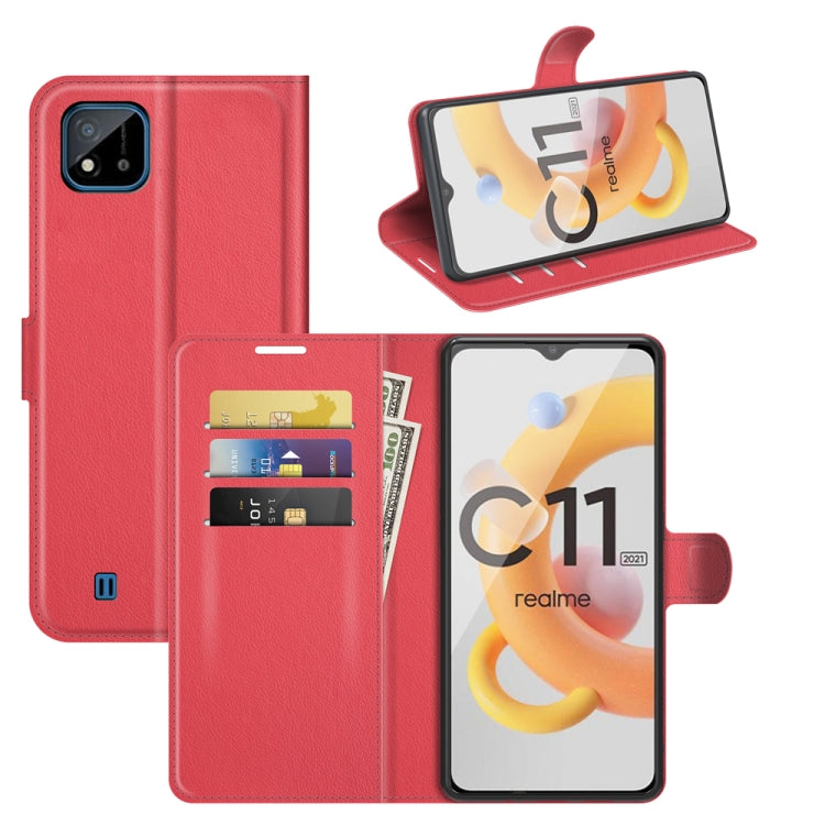 Red litchi-texture flip wallet case with card slots and stand