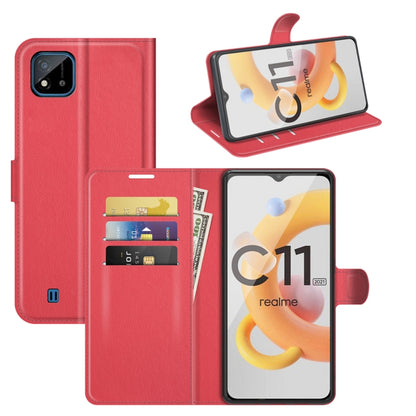 Red litchi-texture flip wallet case with card slots and stand