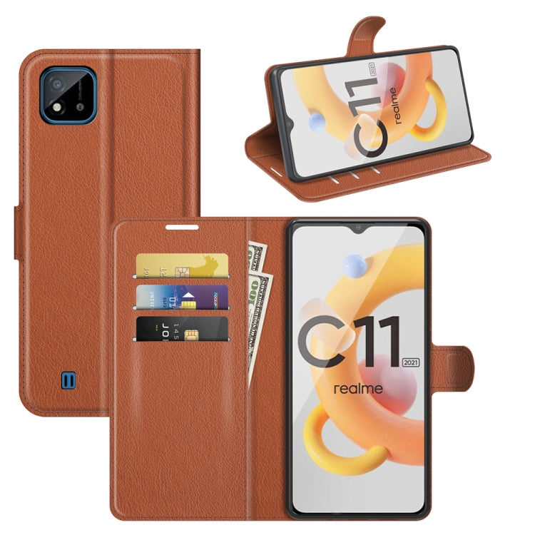 Brown litchi-texture flip wallet case with card slots and stand