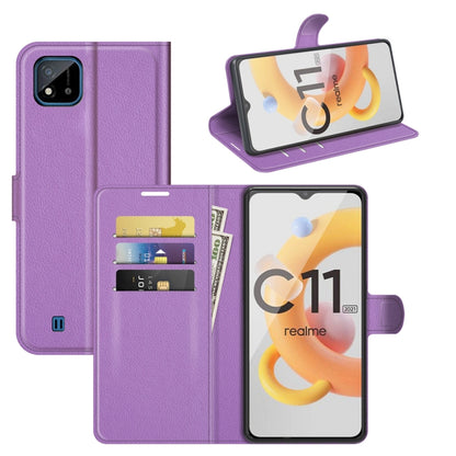 Purple litchi-texture flip wallet case with card slots and stand