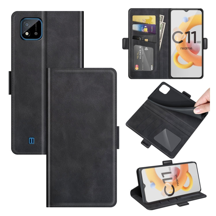 Black leather flip phone case with magnetic buckle and card slots