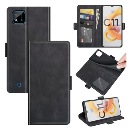 Black leather flip phone case with magnetic buckle and card slots