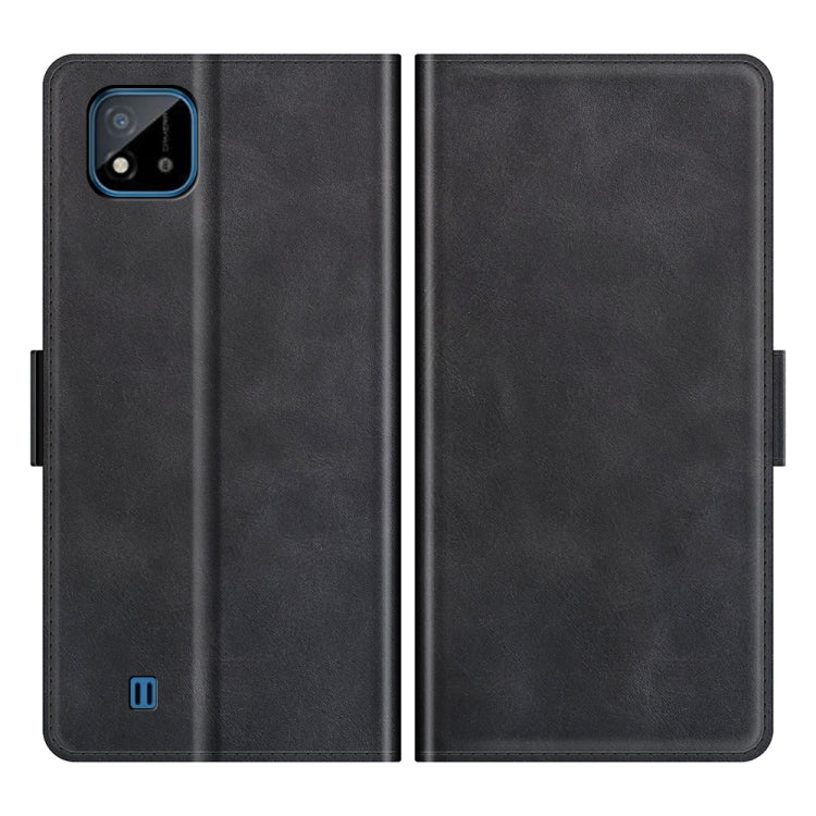 Black leather flip phone case shown open, with protective stand tabs