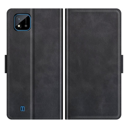 Black leather flip phone case shown open, with protective stand tabs