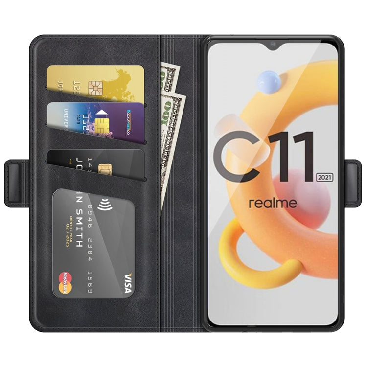 Black leather wallet-style flip phone case with card compartments