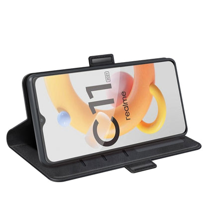 Black leather flip phone case with kickstand for hands-free viewing