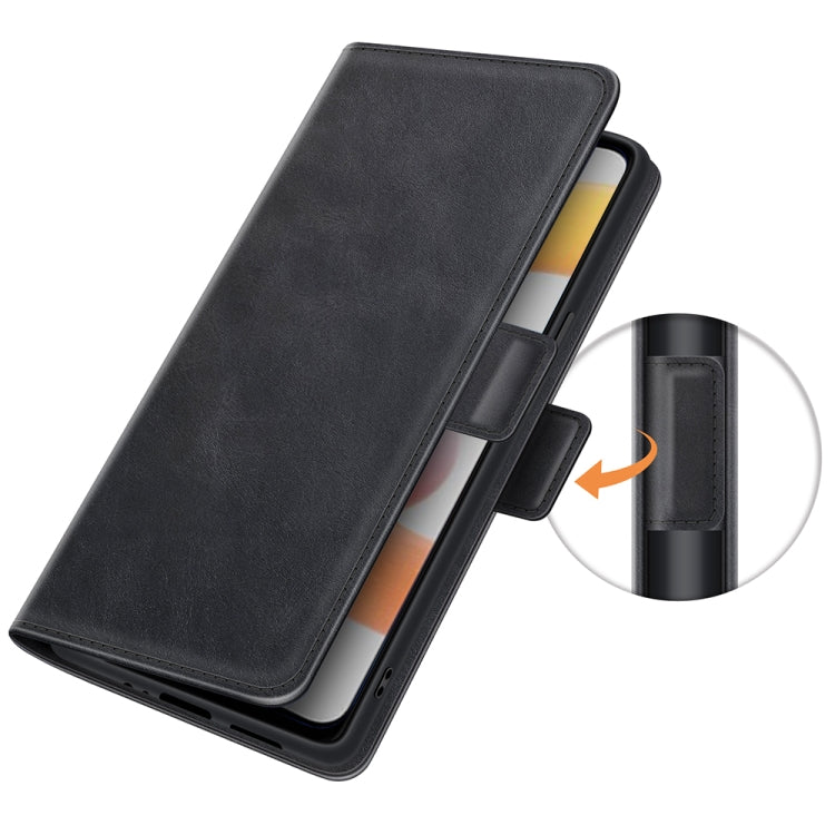Black leather flip phone case with magnetic clasp shown in close-up