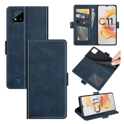 Dark blue leather flip phone case with magnetic buckle and card slots