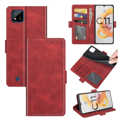Red leather flip phone case with magnetic buckle and card slots