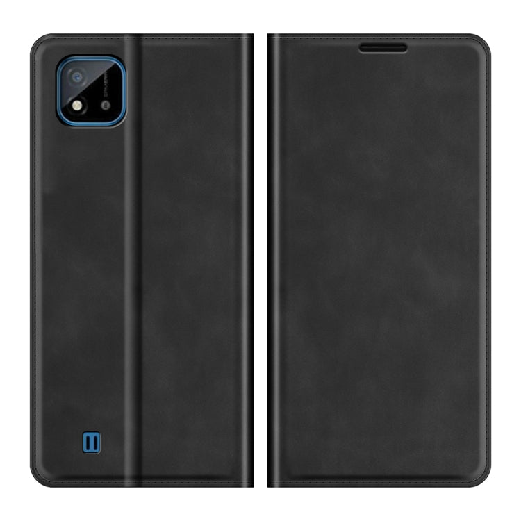 Black leather phone wallet case, front and back views with camera cutout