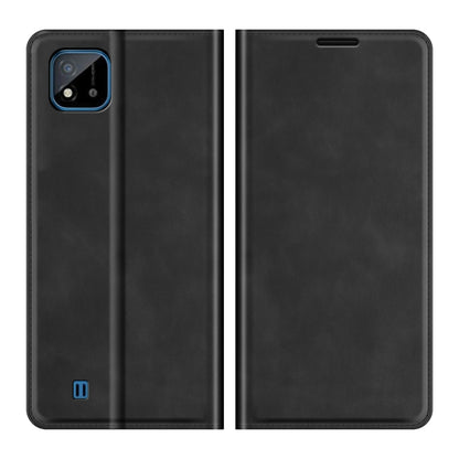 Black leather phone wallet case, front and back views with camera cutout