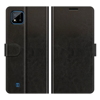 Black textured flip wallet case, front and back view with camera cutout