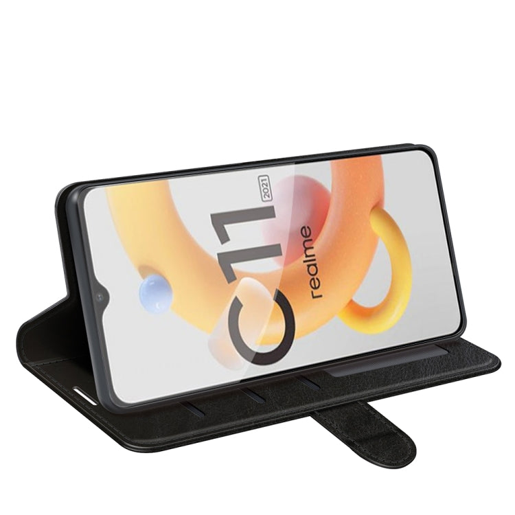 Black textured flip wallet case with kickstand, phone held in landscape view