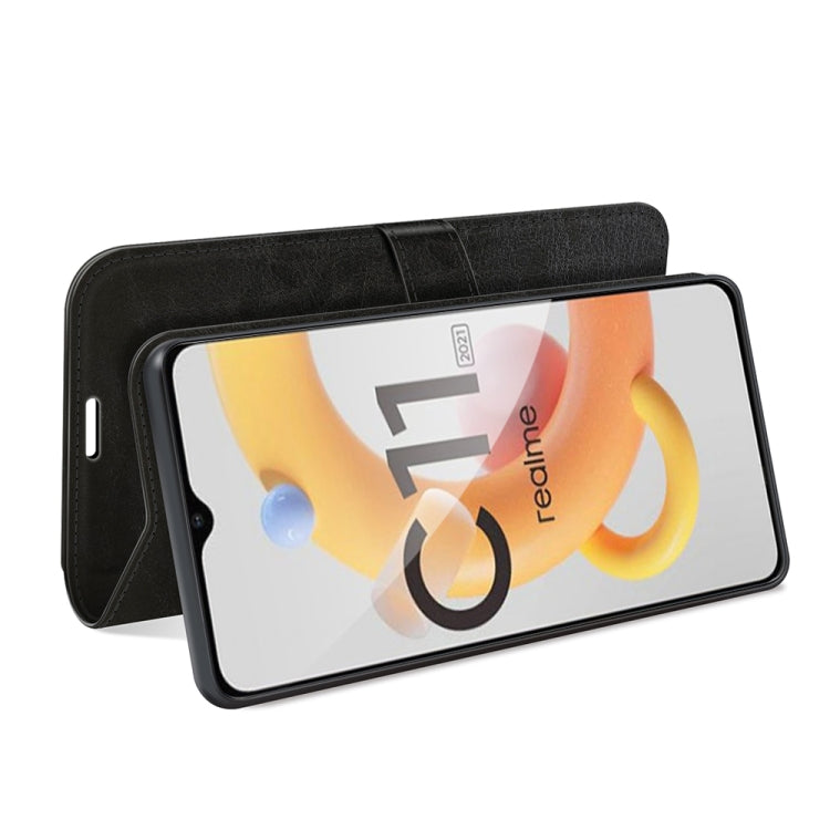 Black textured flip wallet case with front flap open and phone displayed