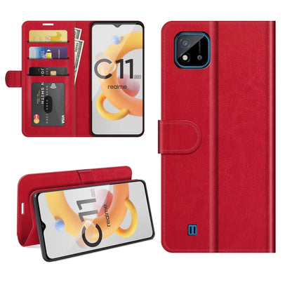 Red textured flip wallet case with card slots and phone stand