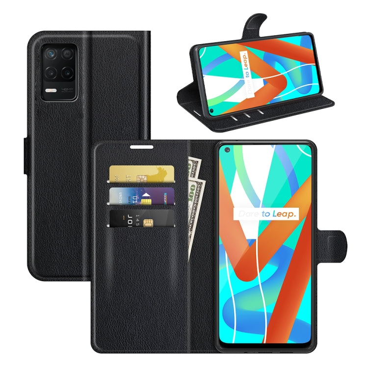 Black flip wallet case with litchi texture, card slots, and kickstand for phone protection