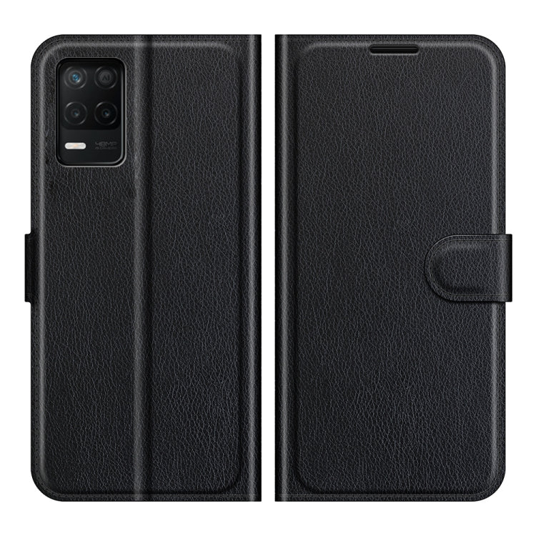 Black litchi-texture flip wallet case with side holder strap and secure closure