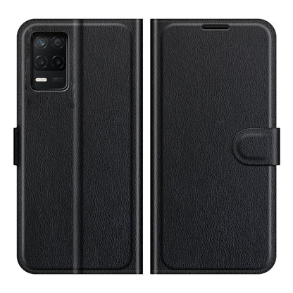 Black litchi-texture flip wallet case with side holder strap and secure closure