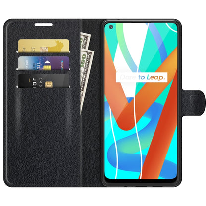 Black flip wallet case with card slots and litchi texture, phone display visible