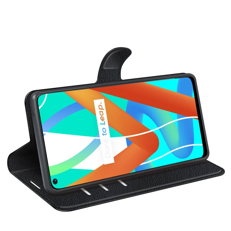Black flip wallet case with litchi texture, stand view for watching, card holder