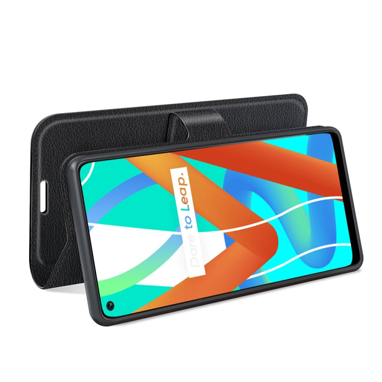 Black litchi-texture flip wallet case with raised stand and card slots