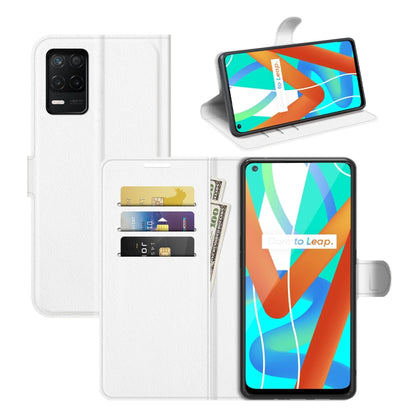 White flip wallet case with litchi texture, card slots, and phone display support