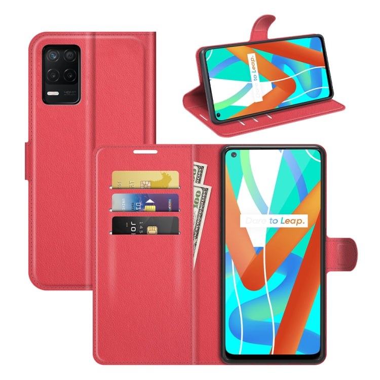 Red flip wallet case with litchi texture, card slots, and phone stand holder