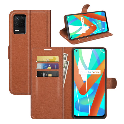 Brown flip wallet case with litchi texture, card slots, and phone protection