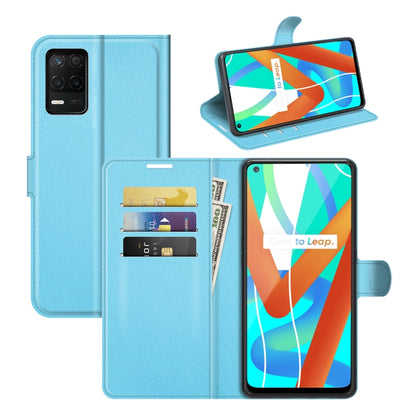 Blue flip wallet case with litchi texture, card slots, and kickstand for phone
