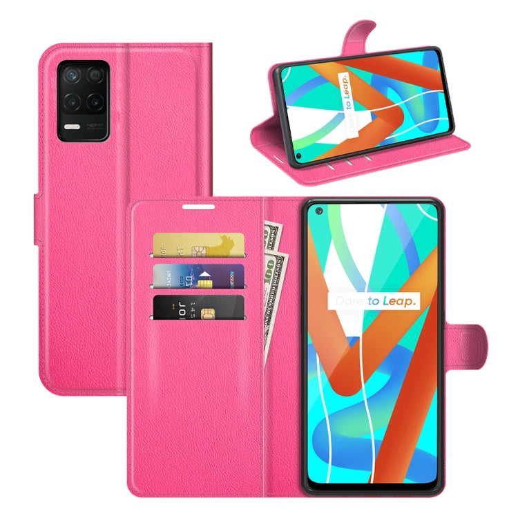Pink litchi-texture flip wallet phone case with card slots and stand holder