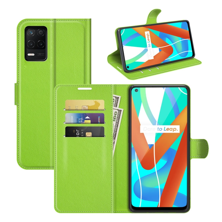 Green litchi-texture flip wallet phone case with card slots and stand holder