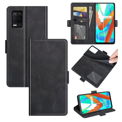 Black leather flip phone case with magnetic buckle, card slots, and holder