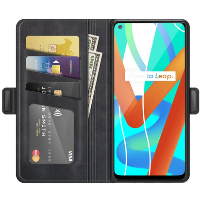 Black leather flip phone case with card slots and visible wallet interior