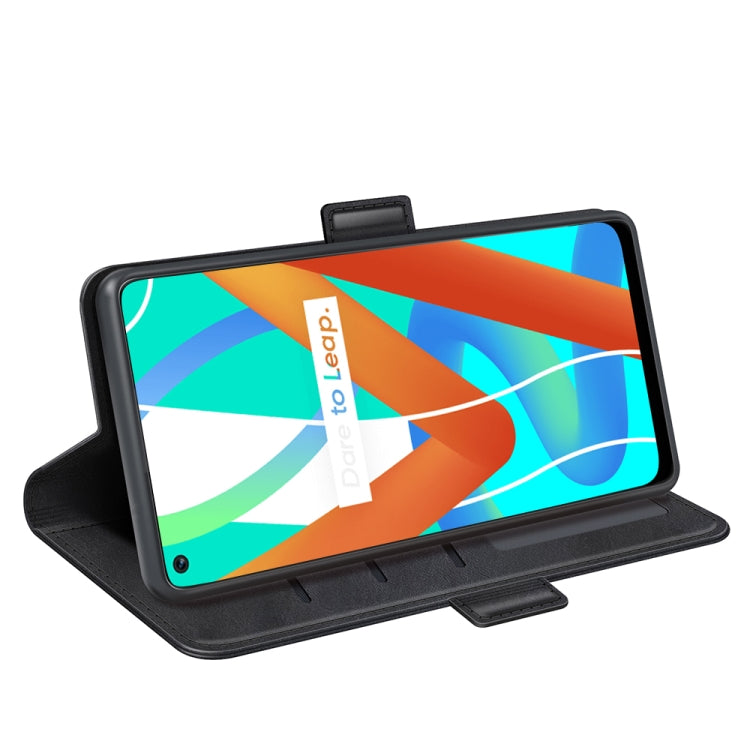 Black leather flip phone case standing view with magnetic closure