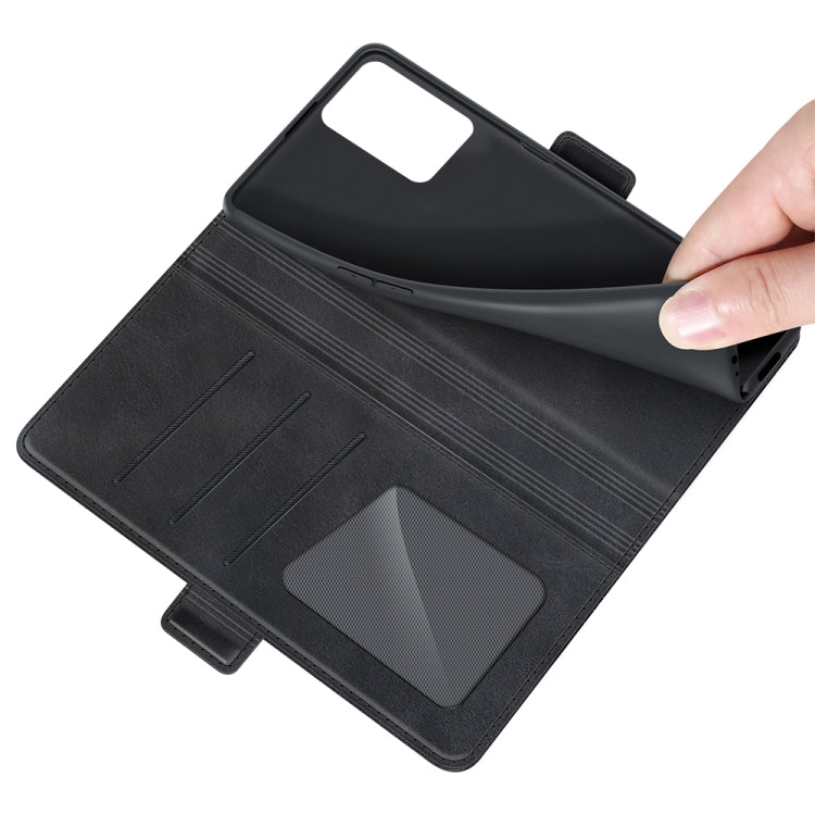 Black leather flip phone case interior with card slots and mesh pocket