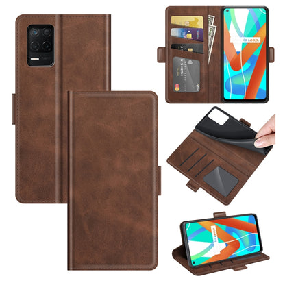 Brown leather flip phone case with magnetic buckle, card slots, and holder