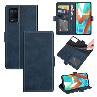Dark blue leather flip phone case with magnetic buckle, card slots, and holder