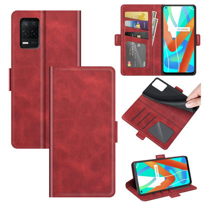 Red leather flip phone case with magnetic buckle, card slots, and holder