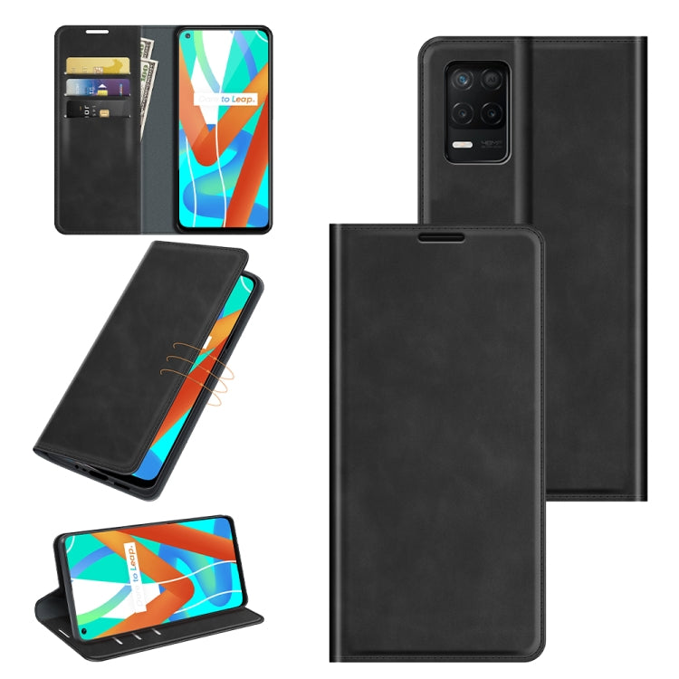 Black leather wallet phone case with magnetic closure, card slots, and kickstand