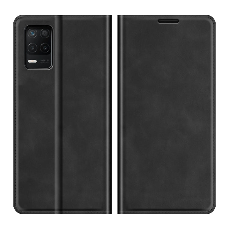 Black leather wallet phone case with magnetic closure and card slots, front view